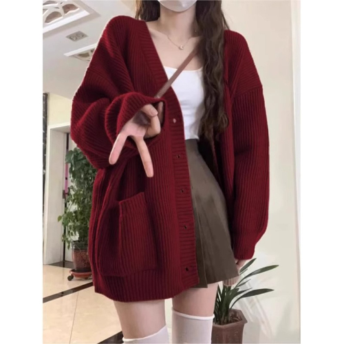 Red zodiac year sweater jacket for women 2024 spring new style retro lazy knitted cardigan loose v-neck top