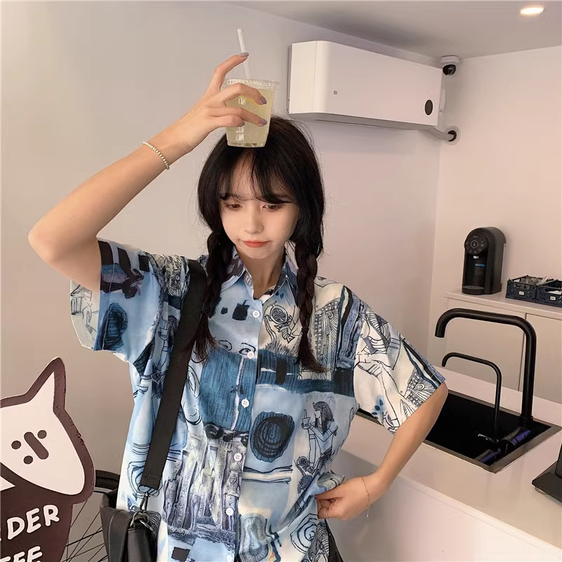 Real shot 2024 short-sleeved floral shirt Japanese retro Hong Kong style top design niche summer shirt