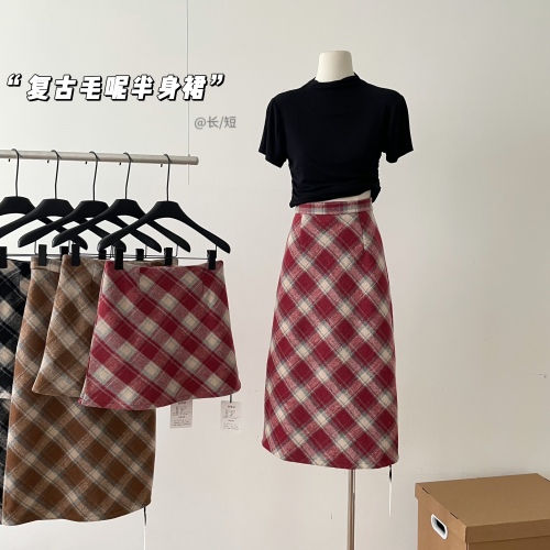 Red plaid woolen skirt women's autumn and winter new retro American plaid straight skirt A-line skirt long skirt