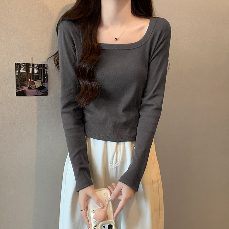 Actual shot of early spring square-neck long-sleeved spring and autumn short style slim-fitting collarbone inner-shoulder top T-shirt for women