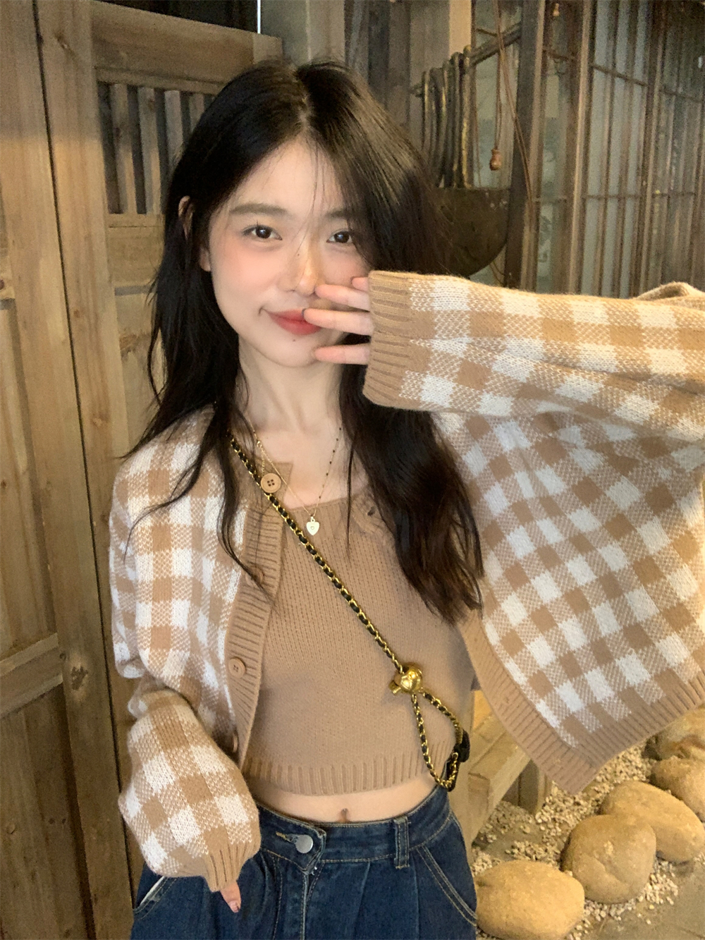 Real shot early spring knitted cardigan jacket women's top long-sleeved lazy style sweater suspender two-piece set