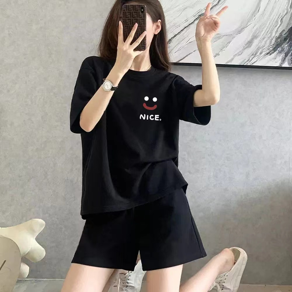 2024新款套裝短袖短褲夏季韓版寬鬆休閒黑色運動洋氣兩件套女