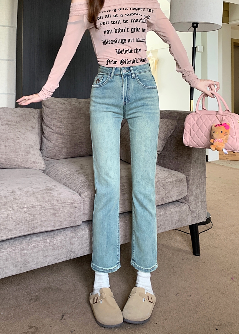 Actual shot #Stretch jeans for women with high waist design, pockets, embroidered pipes, straight nine-minute long pants