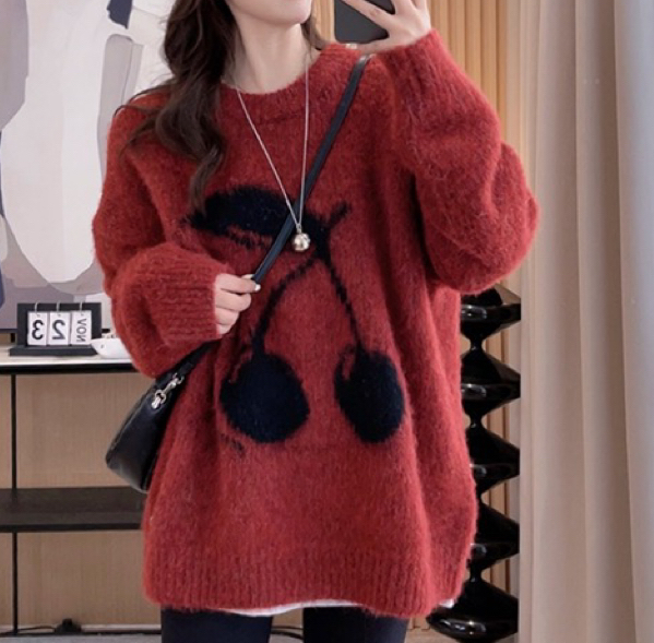 Korean style loose fashionable jacquard cherry sweater for women autumn lazy style soft and waxy simple versatile pullover sweater