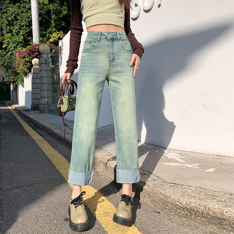 Actual shot of 2024 early spring European and American embroidered rolled hem straight jeans for women, elastic slimming nine-point pants trendy
