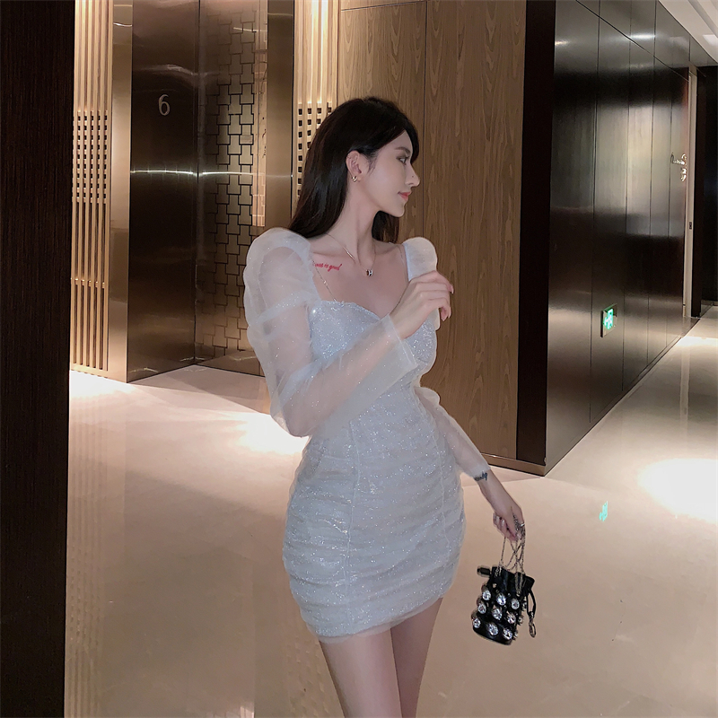 實拍~2024春新款泰國潮牌長袖V領抹胸亮片網紗修身包臀禮服裙