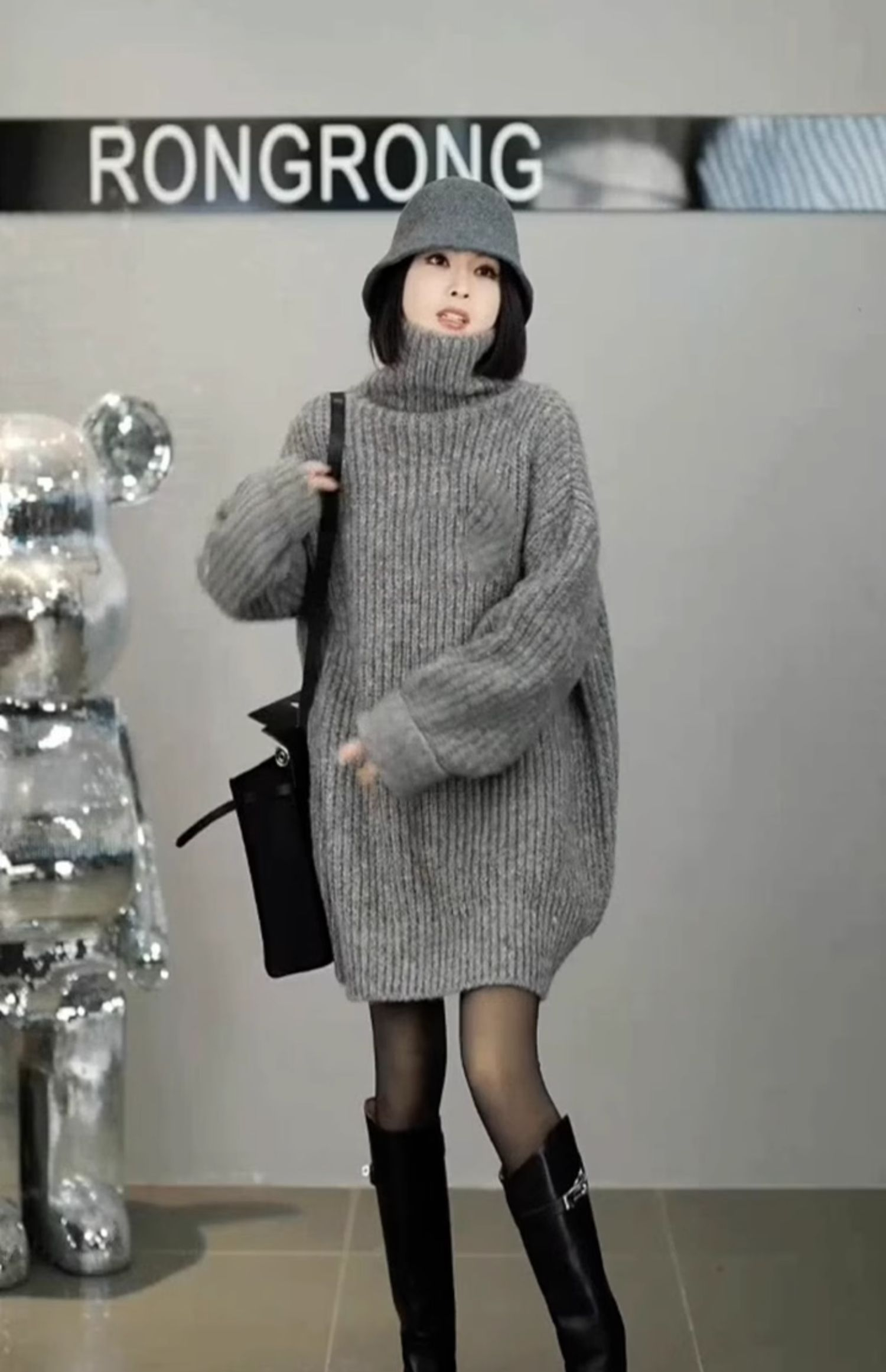 秋冬新款灰色高領中長款毛衣寬鬆軟糯慵懶超好看針織衫上衣女