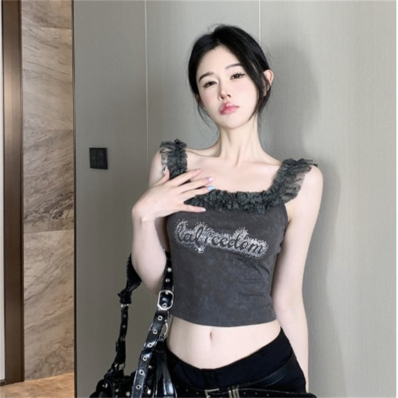 吊帶背心女法式茶歇風復古蕾絲邊設計感秋季小眾燙鑽字母辣妹上衣