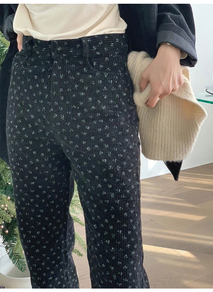 1432# Black floral plus velvet micro horn winter fashion loose warm and lazy casual pants