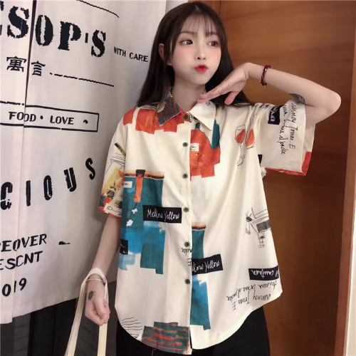 Real shot 2024 Korean style retro Harajuku style printed shirt suit collar loose short-sleeved shirt top for women
