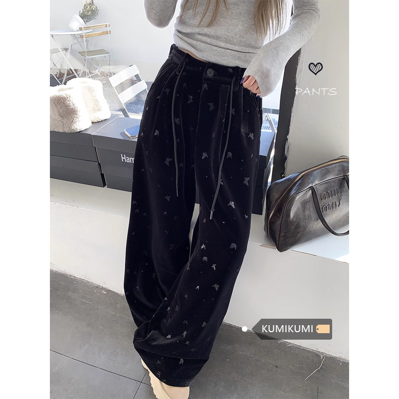1433# Autumn and winter velvet thickened butterfly perm floor-length casual pants for women high-waisted wide-leg pants straight-leg trousers