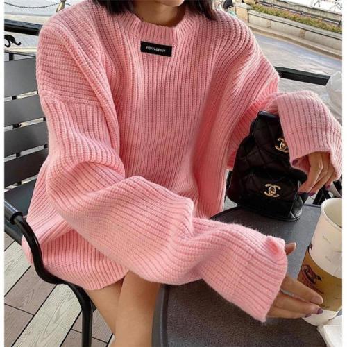 Autumn and winter new Internet celebrity pullover sweater women's thickened round neck label lazy style mid-length sweater top