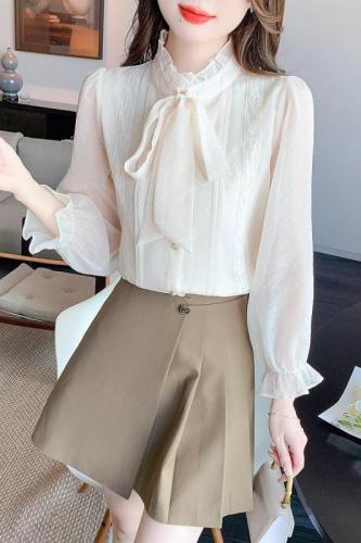 French style stand-up collar bow long-sleeved shirt for women autumn 2024 new design niche chiffon top