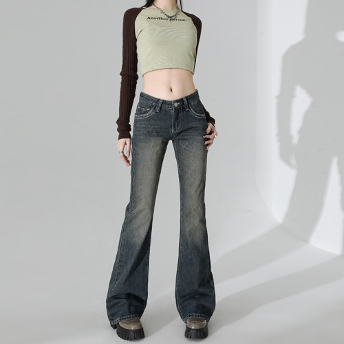 Actual shot 2024 spring new style retro high street distressed washed low-waisted wrinkled jeans for women