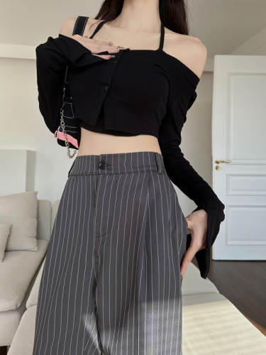 Actual shot of spring striped suit trousers, straight and loose, new high-waisted wide-leg trousers