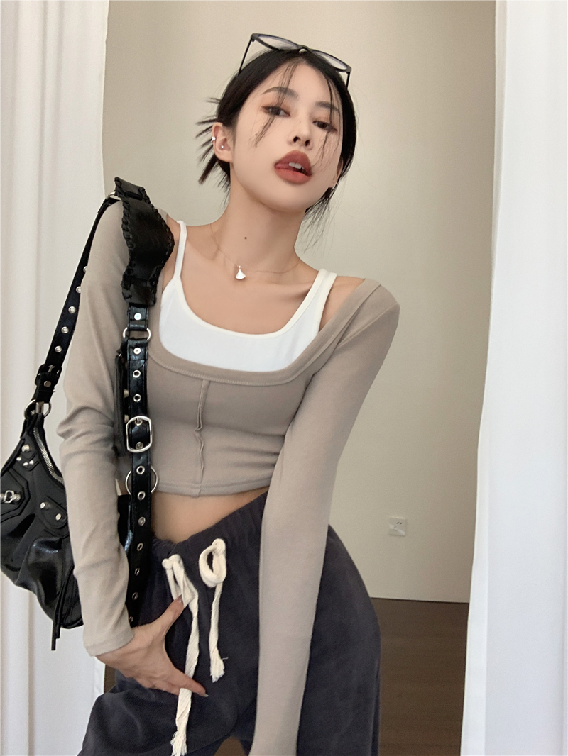Actual shot~Pure Desire Color Matching Fake Two-piece Top Women's Slim Short Long Sleeve T-Shirt Bottoming Shirt Designed for Inner Layer