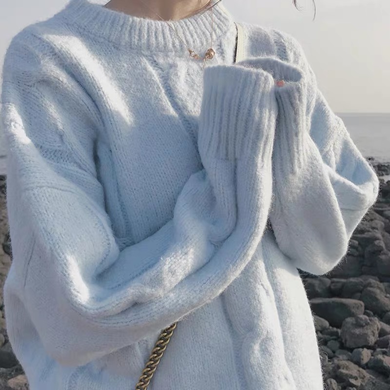 很仙的馬海毛毛衣女麻花套頭寬鬆慵懶風新款軟奶藍秋冬外穿厚