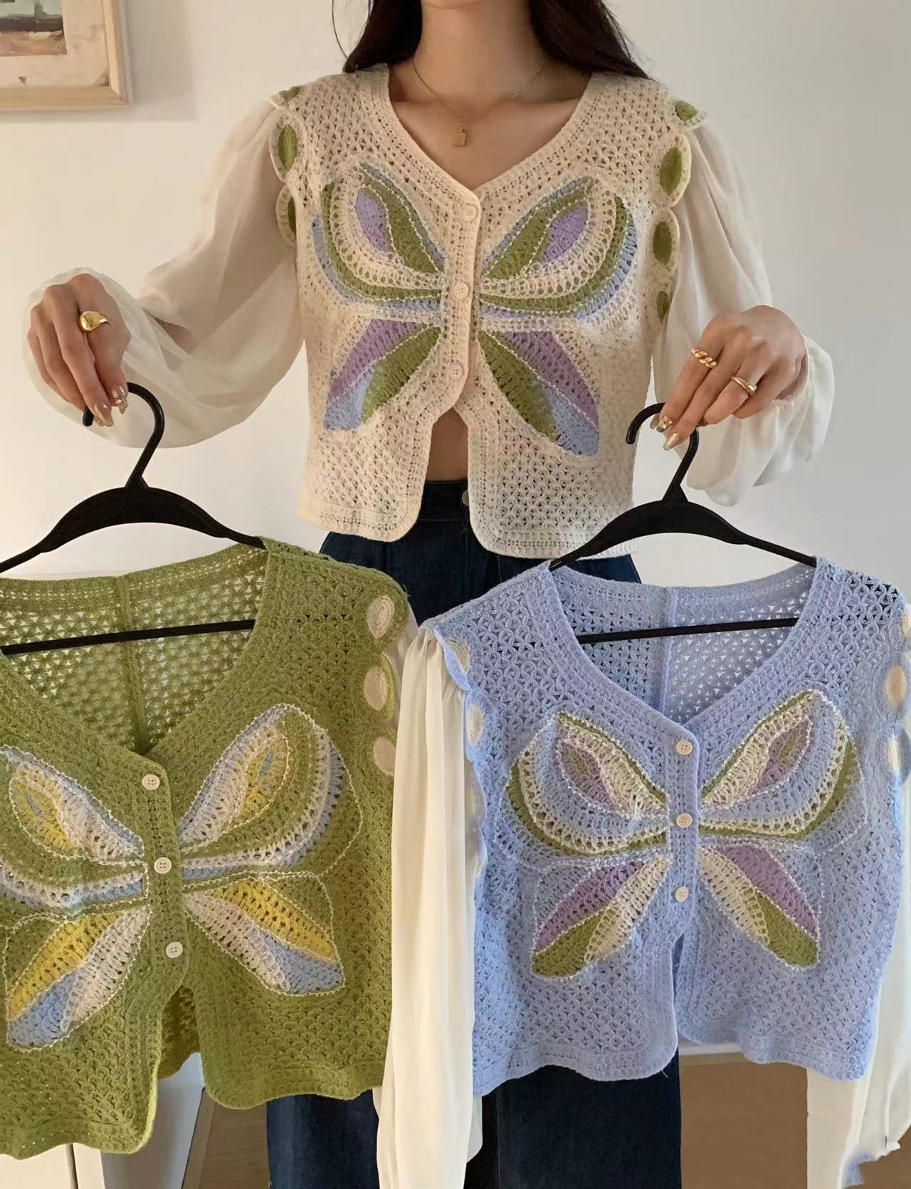 Knitted mesh splicing long-sleeved shirt for women summer new retro exquisite design niche top shirt