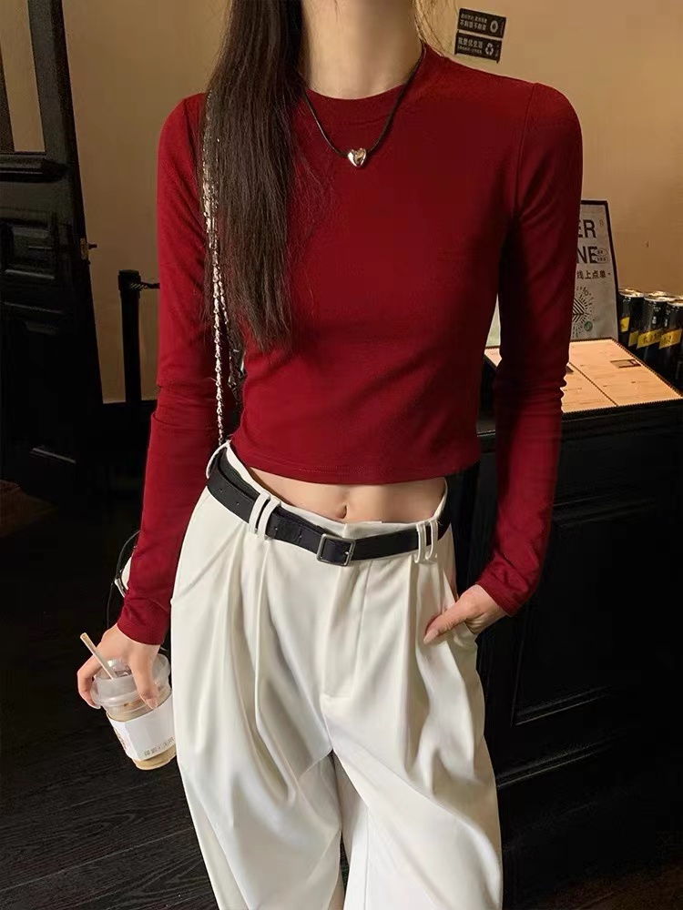 Right shoulder women's t-shirt long sleeve 2024 spring new hot girl slim fit inner short bottoming shirt tight top trendy