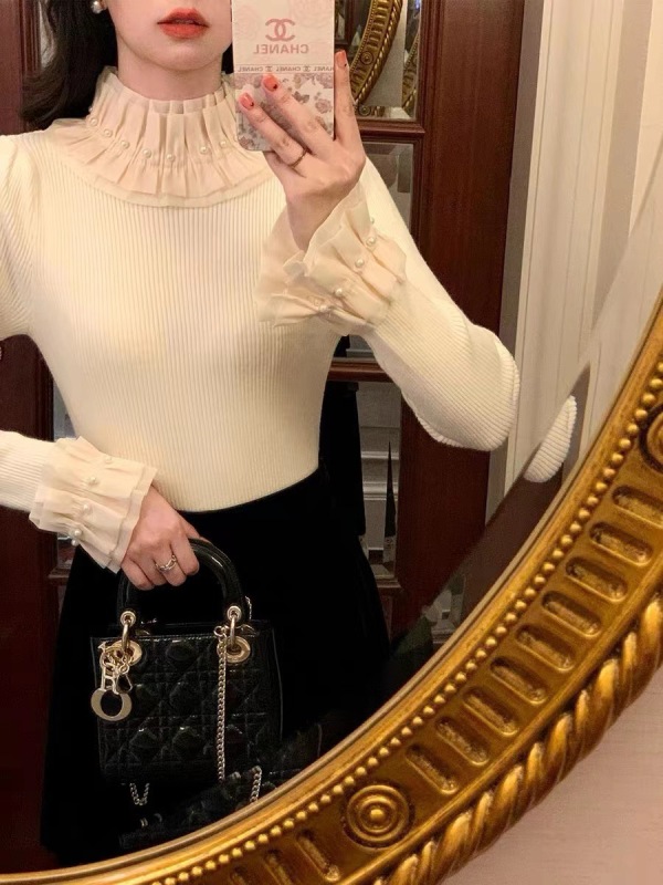 鹿阿姨卓叔叔◆溫柔風白色珍珠毛衣高級感加厚內搭修身女冬季上衣