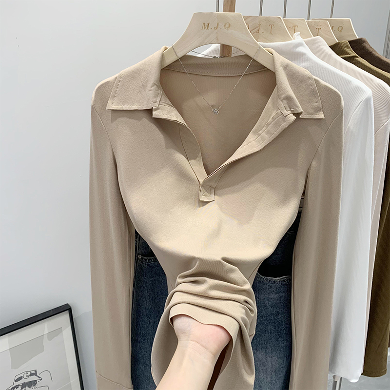 Real photos of early spring Korean style slim-fitting inner polo collar button design German velvet warm long-sleeved T-shirt top