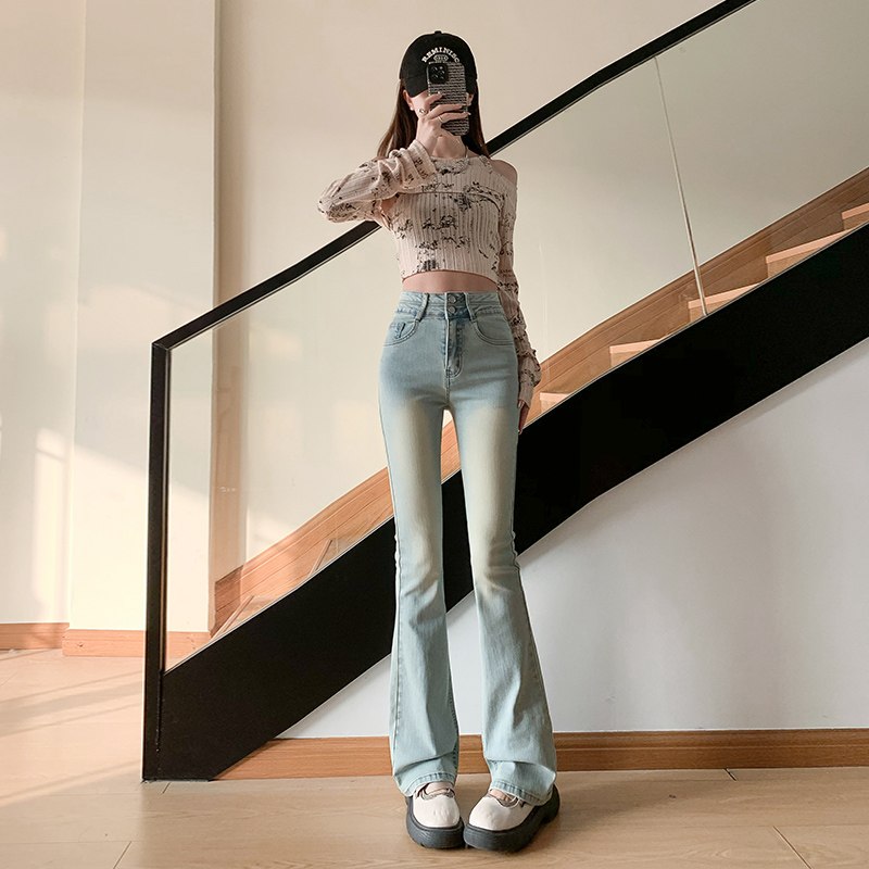 實拍~2024春秋新款微喇牛仔褲女高腰韓版寬鬆顯瘦彈力直筒褲子ins