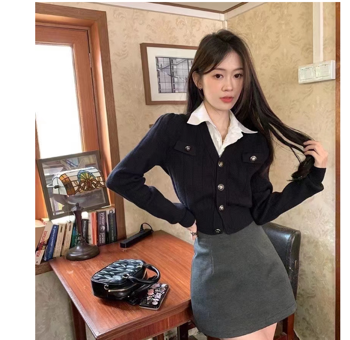 2024春季新款時尚設計感學院風撞色假兩件針織衫女