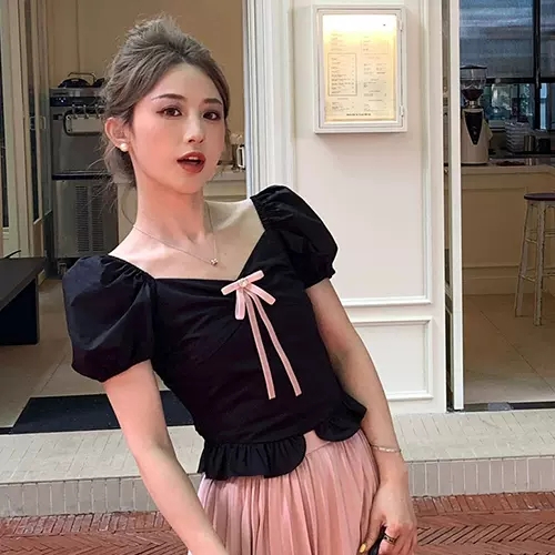 French black square neck bow-knot shoulder short-sleeved shirt for women summer puff-sleeved babydoll short clavicle top