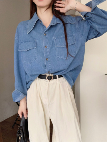 7666 Real shot retro denim shirt jacket women's spring Korean style loose long-sleeved shirt top