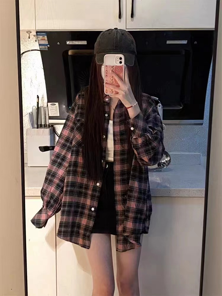美式chic粉黑色格子襯衫女韓系慵懶風寬鬆休閒顯瘦襯衣外穿