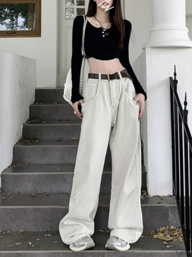 Actual shot of new high-waisted loose wide-leg versatile straight long jeans for women