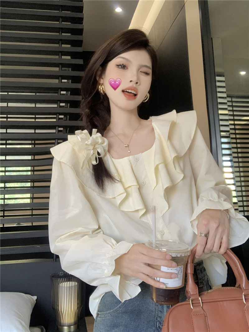 Actual shot of 2024 spring new Korean style versatile design French ruffled long-sleeved shirt