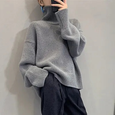品質秋冬高領上衣女寬鬆慵懶風套頭針織羊絨加厚打底毛衣