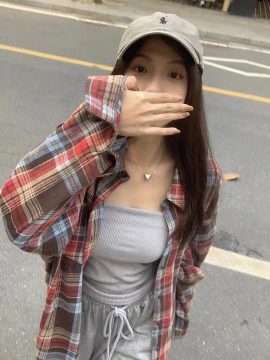 閒拽酷妹~復古polo領格子襯衫秋季中長款長袖寬鬆休閒外套