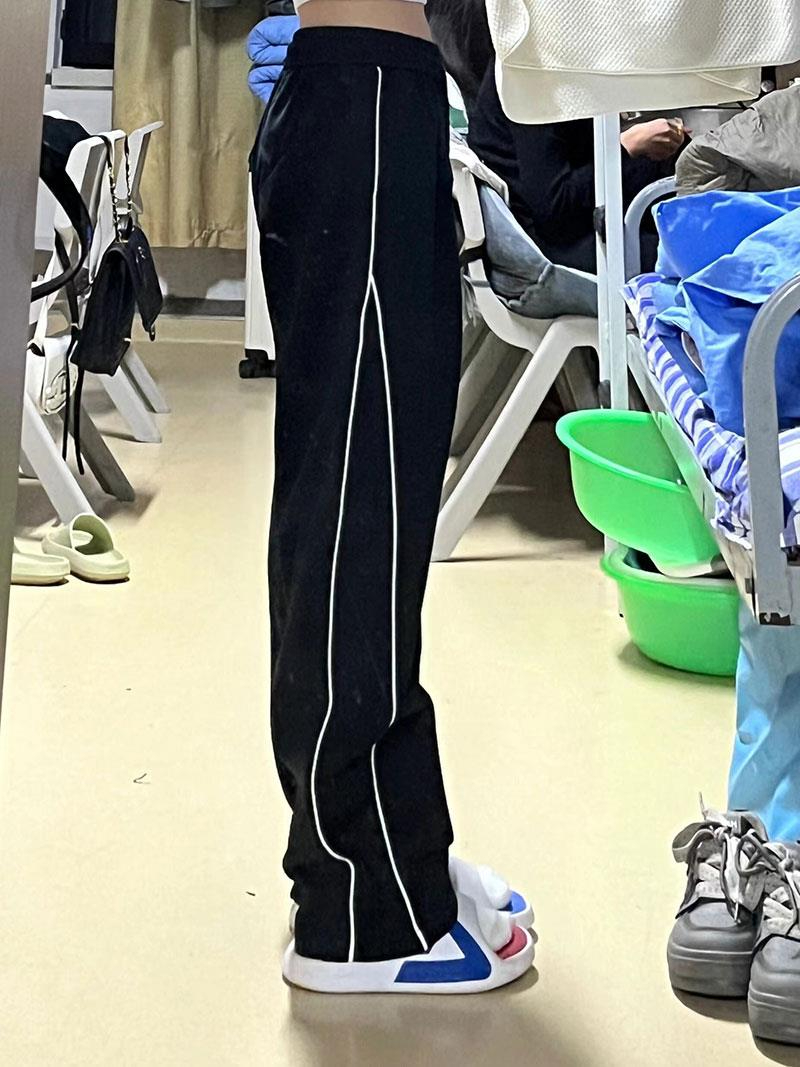 美式側邊條紋運動休閒褲女早春高腰寬鬆直筒慵懶風垂感闊腿褲