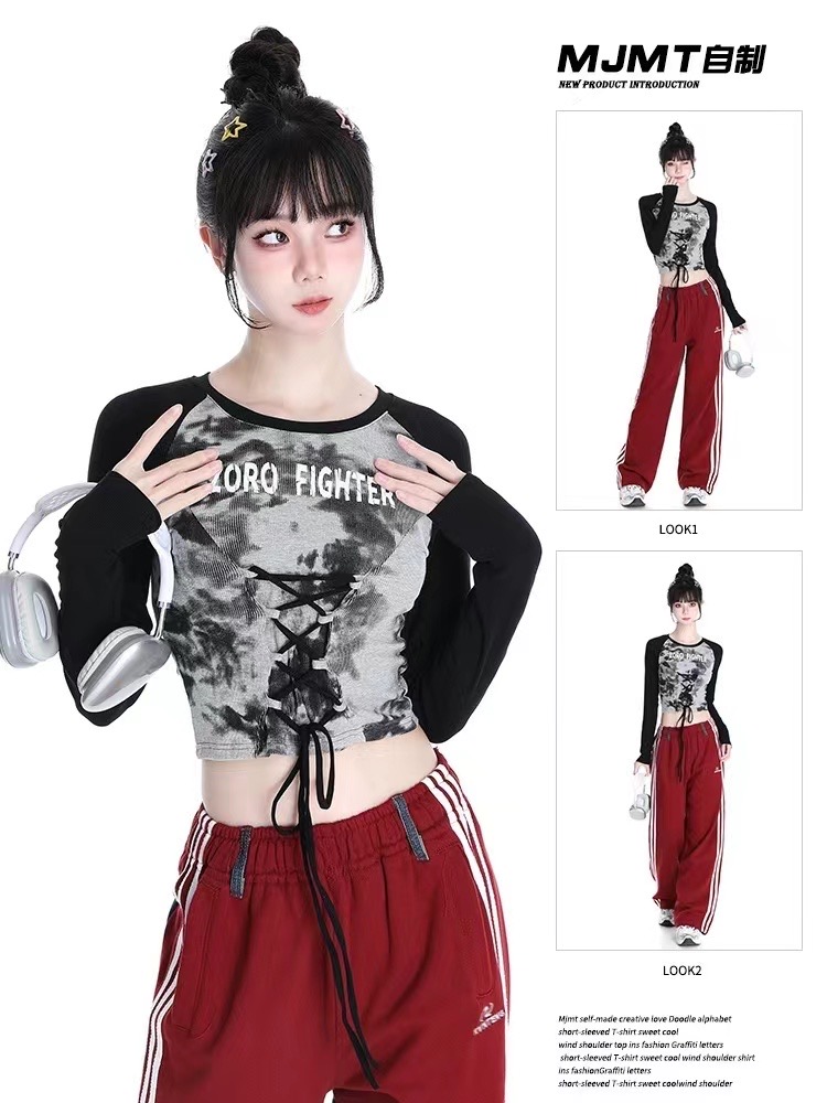 Ink tie-dye T-shirt women's long-sleeved strappy top 2024 early spring chic raglan chic bottoming shirt