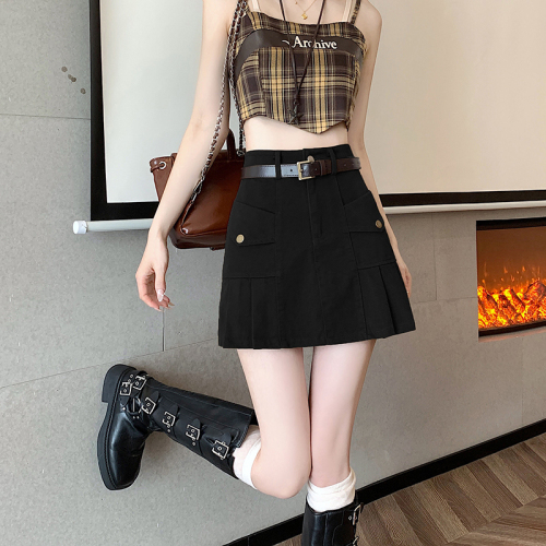 Actual shot of 2024 new summer style American retro hottie workwear pleated skirt high waist slim versatile A-line skirt