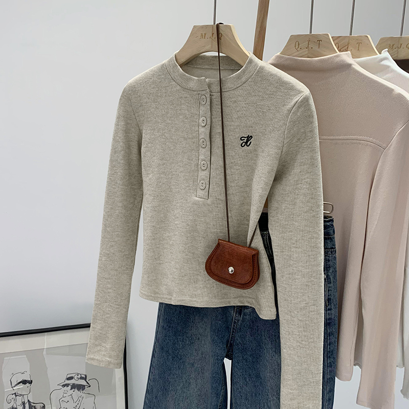 Actual photo of brushed button half-open collar embroidered short casual versatile niche long-sleeved T-shirt top