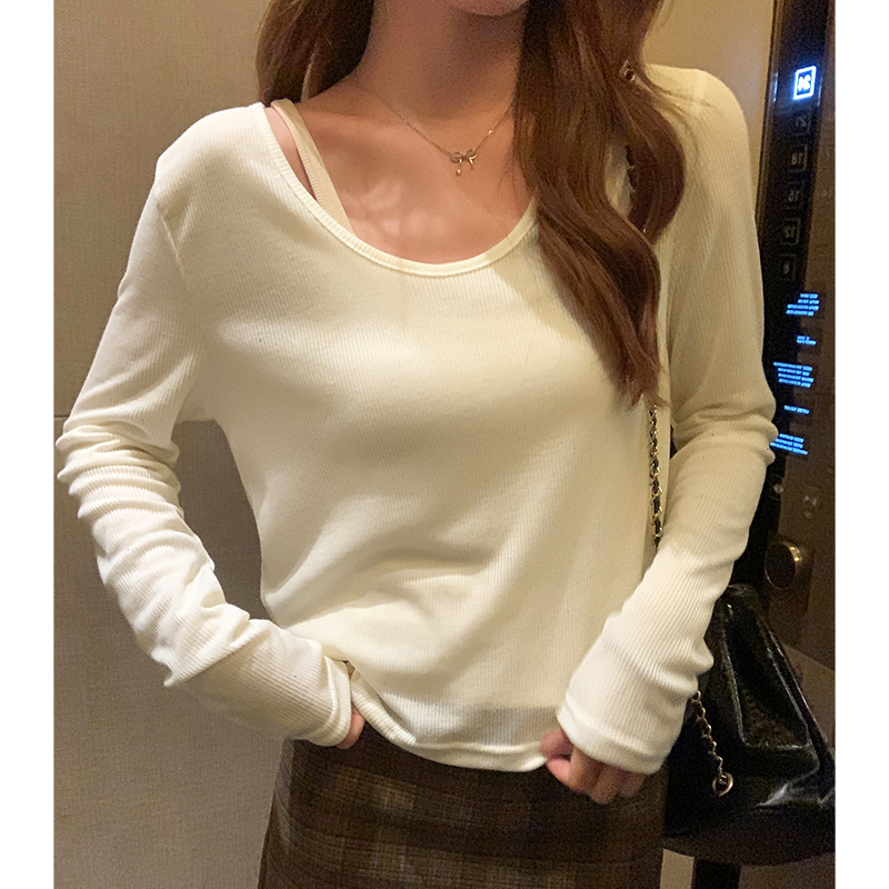 實拍圖圓領針織打底衫女冬短款修身顯瘦內搭長袖上衣