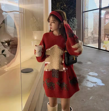 2024新款過年拜年女裝主題衣服紅色毛衣女加厚中長款浣熊絨冬