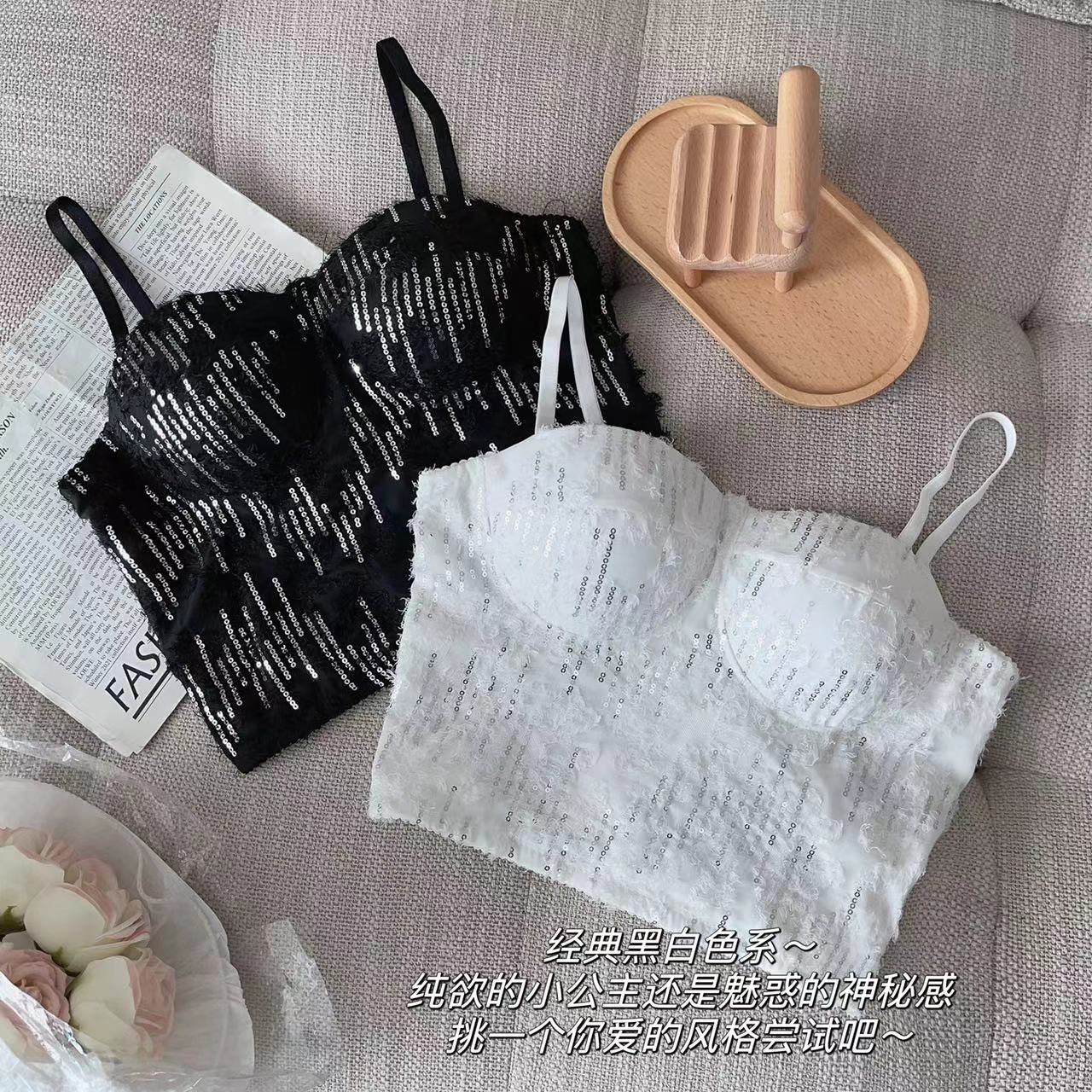 Outerwear bra, one-piece sexy sequined support model, pure lust hottie suspender straps, lace shoulder straps, beautiful suspender chest pads