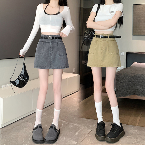 Actual shot of 2024 spring and summer new American retro workwear hot girl denim skirt high waist versatile A-line skirt