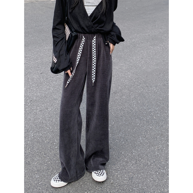 Actual shot~All three standards~Korean style loose slimming checkerboard drawstring elastic waist wide leg pants casual pants