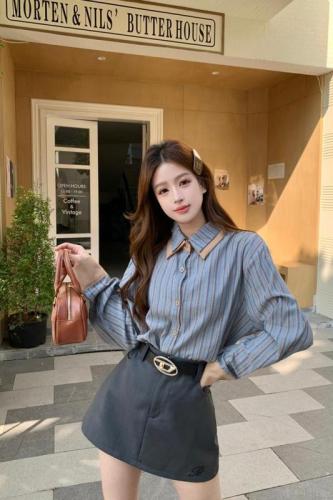 Real shot of color-blocked double-layer collar design retro striped long-sleeved shirt for women 2024 spring chic Polo collar top