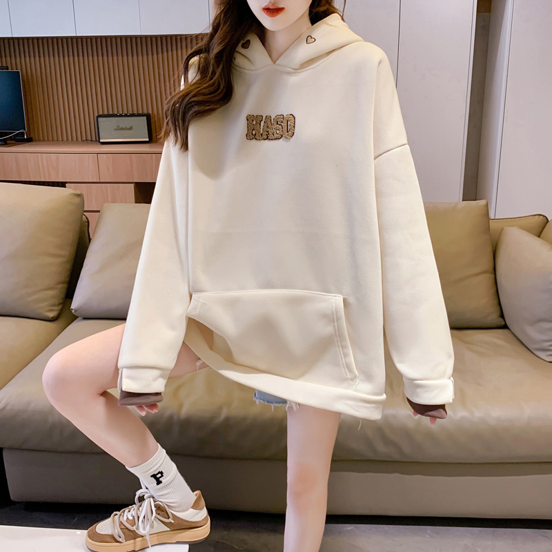 Actual shot-2024 spring rice woolen 260g double layer hooded back collar thin embroidered splicing sweatshirt for women