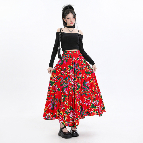 Northeast large flower high waist spring and summer long skirt for fat mm casual skirt loose and drapey slimming skirt