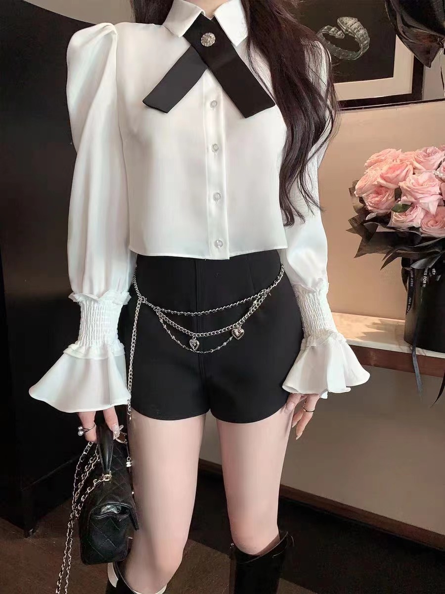 FairyJiang夏季白色喇叭袖雪紡襯衫女法式領結設計顯氣質減齡上衣