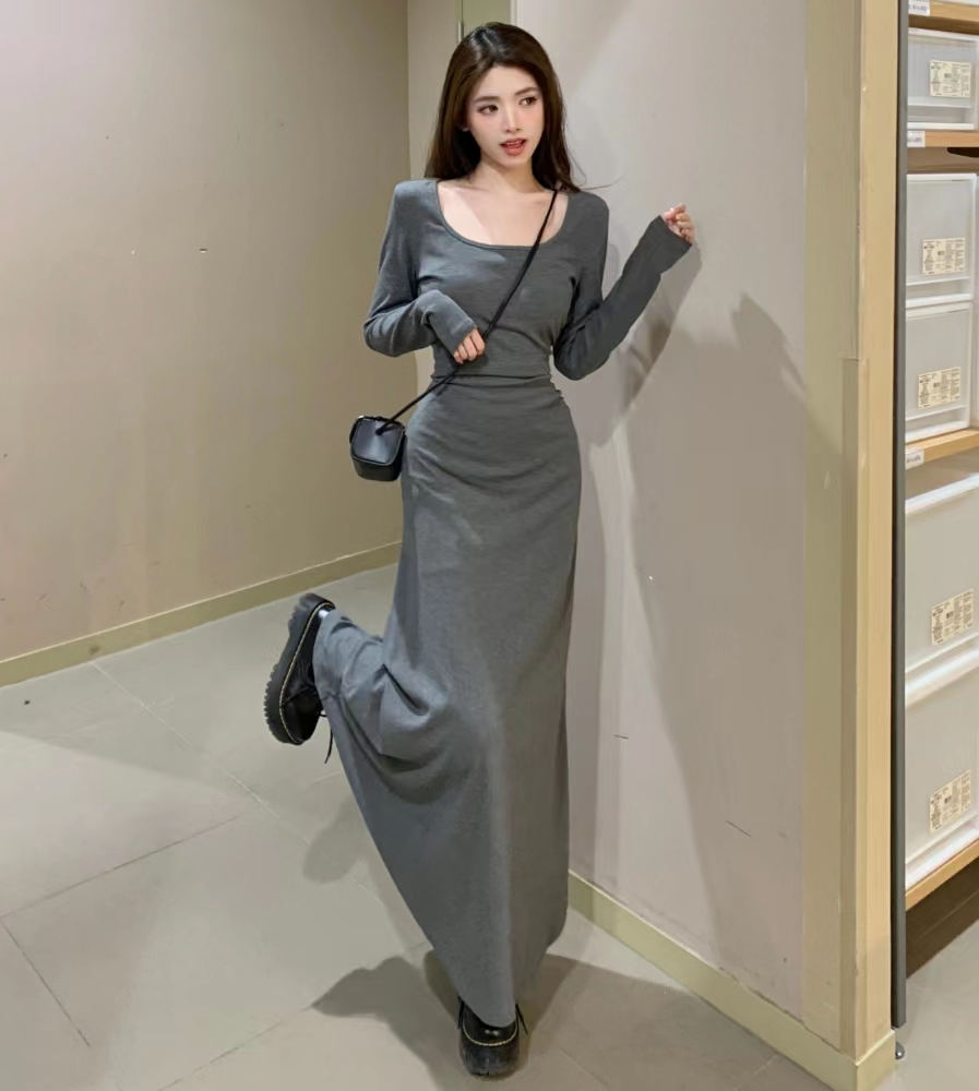 Real shot of plus size women's fat mm dress 2024 spring new French gray knitted bottoming hip long skirt