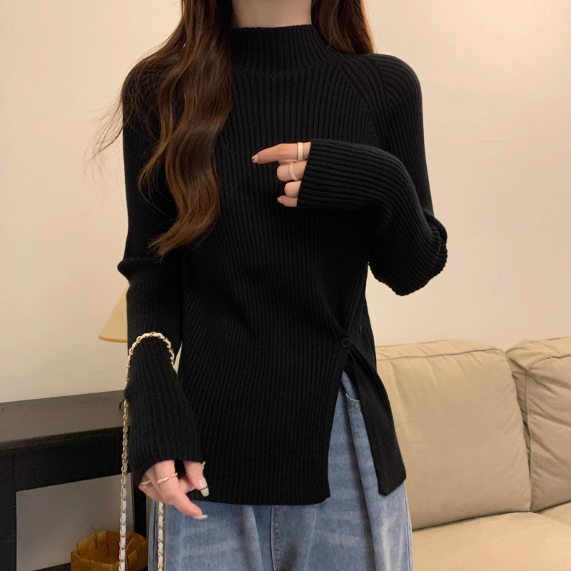 半高領中長款打底衫女秋冬內搭中領不規則開叉加厚遮肉毛衣上衣