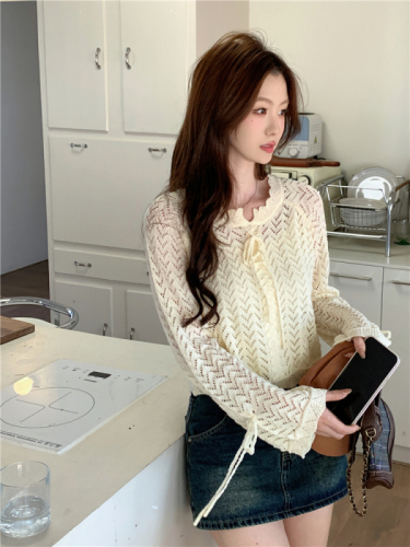 Real shot Spring new style~2024 Korean style lazy style sweet hollow sun protection sweater